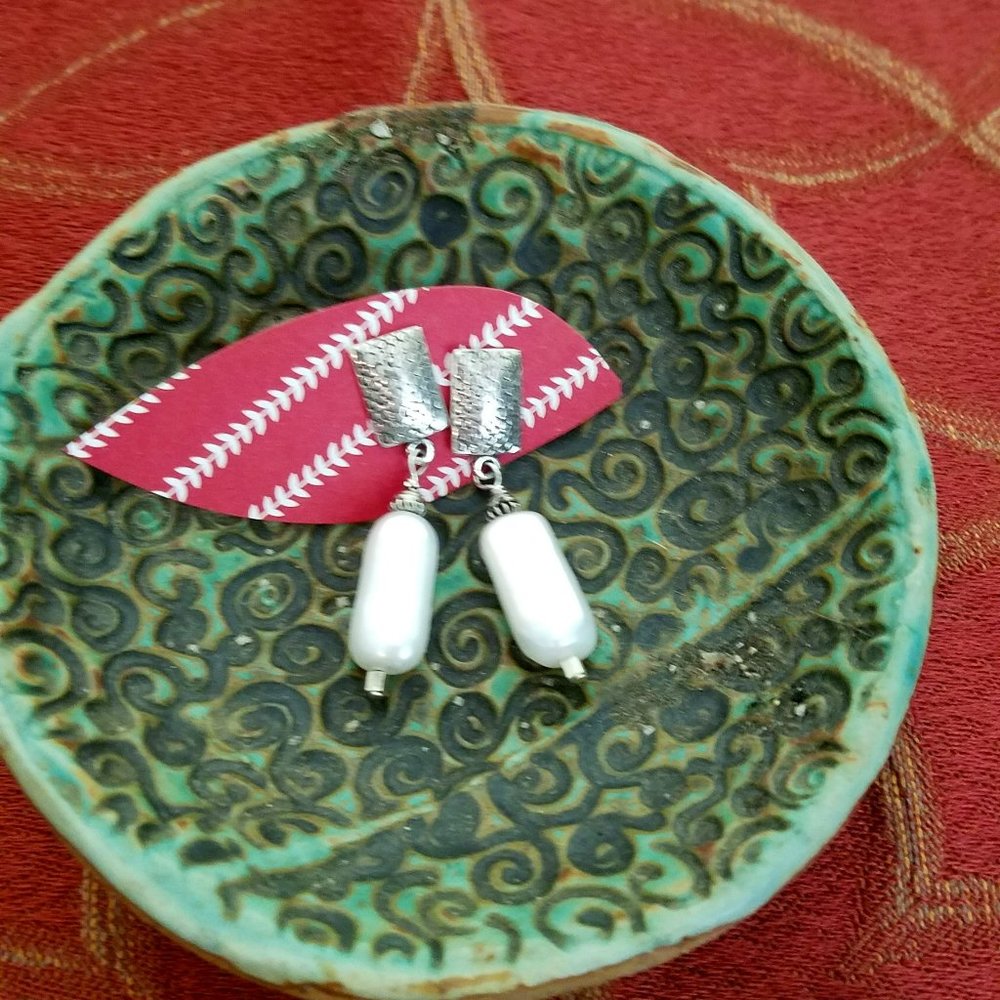Rectangular Pearl/Hammered Sterling Silver Drop Earrings